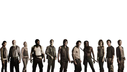4K Ultra HD desktop wallpaper featuring the main cast of The Walking Dead TV show standing in a row against a white background.