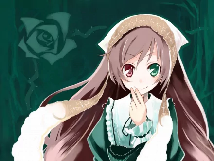 HD PC desktop wallpaper featuring Suiseiseki from the anime Rozen Maiden, showcasing her distinctive heterochromatic eyes and Victorian-style outfit.