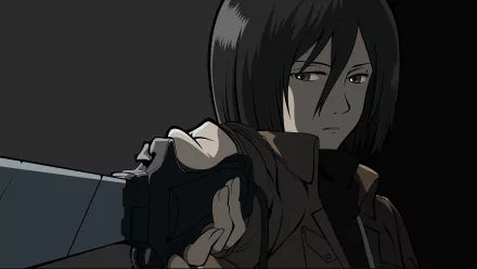 HD desktop wallpaper of Mikasa Ackerman from the anime Attack on Titan, featuring her in a focused, intense pose, set against a dark background.