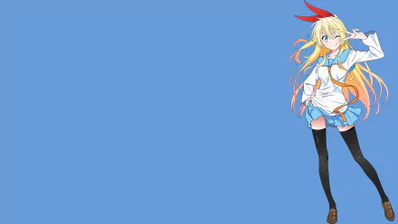 A vibrant HD wallpaper featuring Chitoge Kirisaki from Nisekoi, wearing a skirt and thigh-highs, flashing a cheerful smile against a bright blue background.