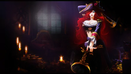 HD wallpaper featuring Miss Fortune from League of Legends, showcasing her iconic pirate look in a dimly lit scene with candles and mysterious ambiance.