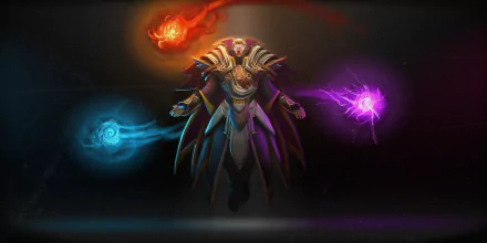 A stunning HD desktop wallpaper featuring a powerful character from DotA 2, surrounded by colorful elemental orbs representing fire, water, and lightning energy.
