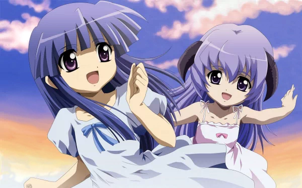 Furude Rika and Furude Hanyū from *Higurashi When They Cry* joyfully run together against a vibrant sunset backdrop in this HD anime wallpaper.