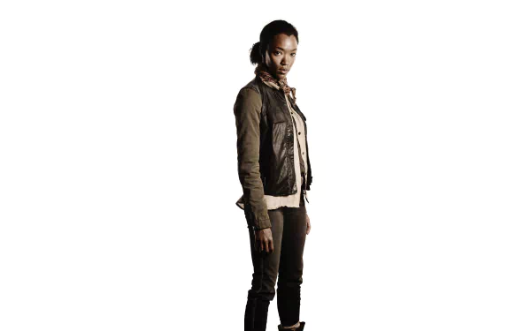Character from The Walking Dead TV show featured in an 8K Ultra HD PC desktop wallpaper and background, standing confidently against a white backdrop.