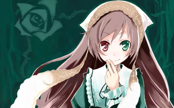 HD PC desktop wallpaper featuring Suiseiseki from the anime Rozen Maiden, showcasing her distinctive heterochromatic eyes and Victorian-style outfit.