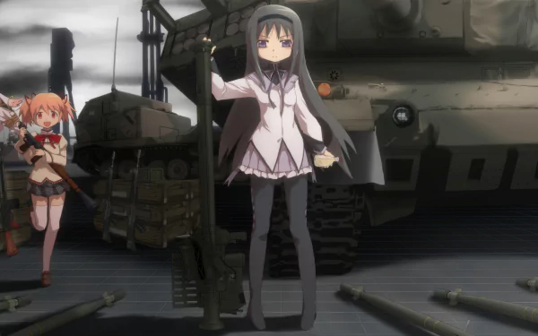 HD PC wallpaper of Puella Magi Madoka Magica: Homura Akemi stands by a tank holding a rifle, Madoka Kaname runs nearby and Kyuubey floats beside them.