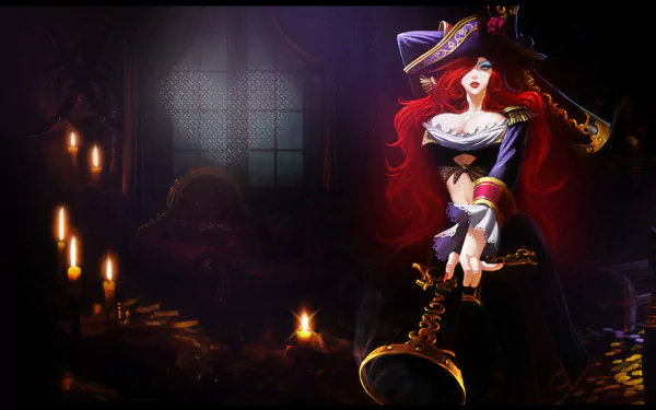 HD wallpaper featuring Miss Fortune from League of Legends, showcasing her iconic pirate look in a dimly lit scene with candles and mysterious ambiance.