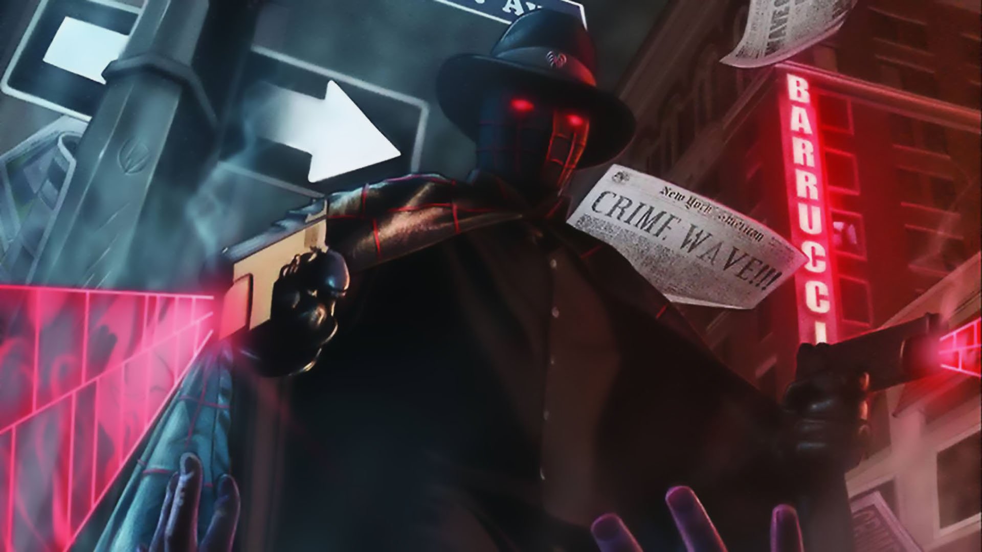 Comic-style HD PC desktop wallpaper: The Spider — a shadowy trenchcoat figure aiming a pistol in a neon-lit crime alley, clutching a Crime Wave tabloid.