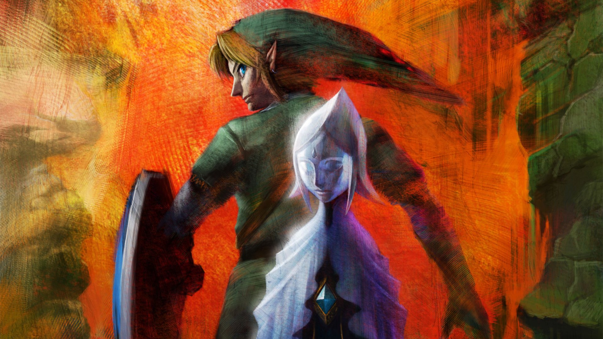 HD PC desktop wallpaper from the video game The Legend of Zelda: Skyward Sword — Link and the spirit Fi stand back-to-back against a fiery, painterly background.
