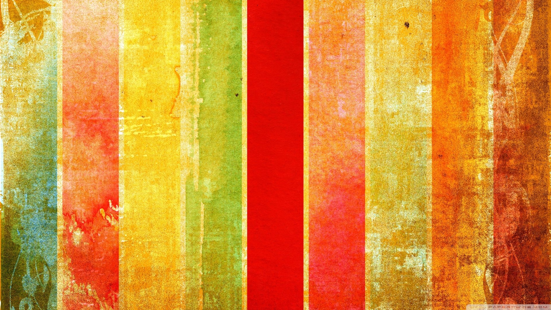 HD PC desktop wallpaper featuring an abstract design with vertical, textured stripes in warm shades of orange, red, yellow, green, and blue.