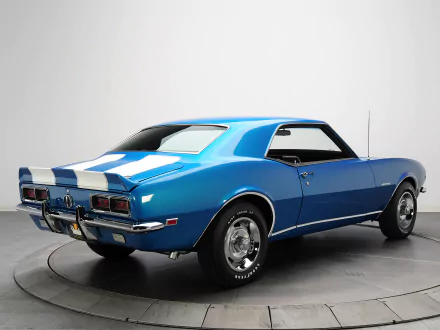 HD desktop wallpaper showcasing a blue Chevrolet Camaro Z28 RS with white racing stripes, highlighting its classic muscle car design.
