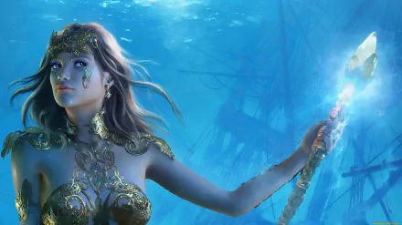 A blonde magical woman underwater, holding a glowing crystal staff, surrounded by blue aquatic light in a fantasy HD desktop wallpaper.