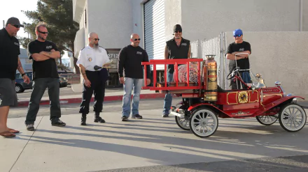 HD PC desktop wallpaper featuring cast members from the TV show Counting Cars examining a vintage red fire truck.