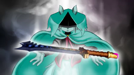 HD wallpaper of the character Dust from Dust: An Elysian Tail holding a sword, set against a mystical, cloudy background.