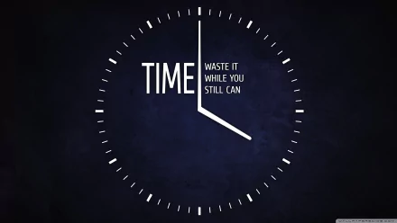 HD desktop wallpaper featuring a stylized clock with the motivational phrase TIME Waste it while you still can on a dark blue background.