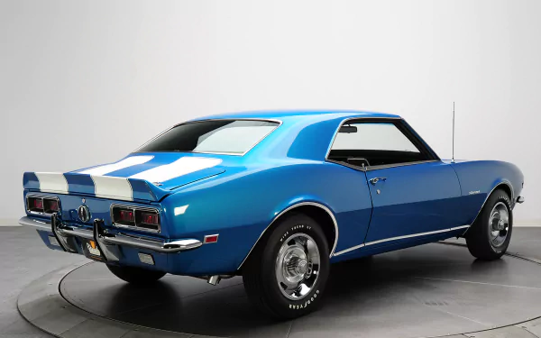 HD desktop wallpaper showcasing a blue Chevrolet Camaro Z28 RS with white racing stripes, highlighting its classic muscle car design.