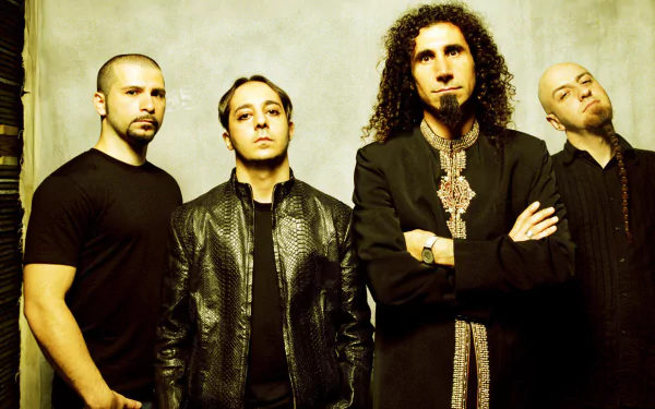 HD desktop wallpaper featuring the music band System Of A Down, with its four members standing confidently against a neutral background.