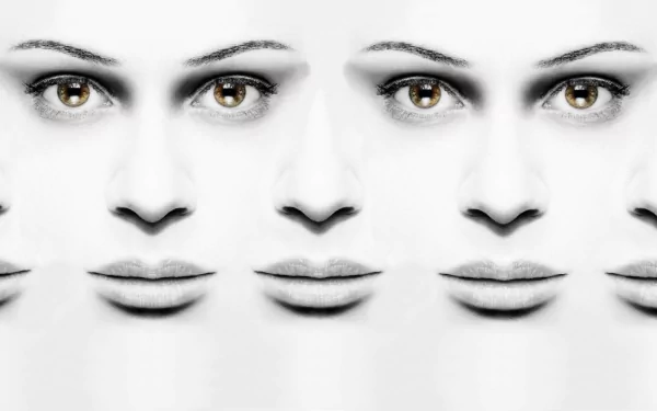 Orphan Black (TV show) HD PC desktop wallpaper: repeating high-contrast close-ups of a woman's face with amber eyes on a minimalist white background.