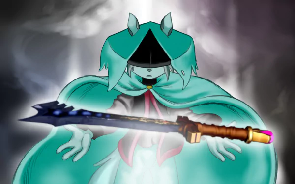 HD wallpaper of the character Dust from Dust: An Elysian Tail holding a sword, set against a mystical, cloudy background.