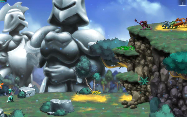 HD desktop wallpaper from Dust: An Elysian Tail featuring game characters and statues in a fantasy landscape.