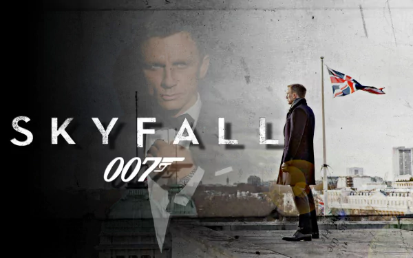 HD desktop wallpaper featuring Daniel Craig as James Bond from the movie Skyfall, with a dramatic cityscape and Union Jack flag in the background.