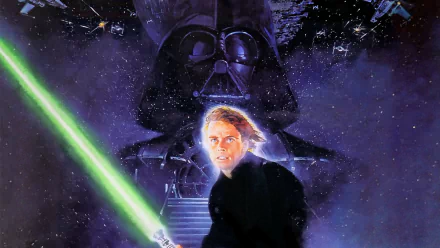 HD PC desktop wallpaper featuring a Star Wars Episode VI: Return of the Jedi scene with Luke Skywalker holding a green lightsaber and Darth Vader’s helmet looming behind.