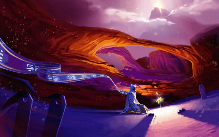 A vibrant HD desktop wallpaper depicting a serene journey in a mystical landscape, showcasing a figure surrounded by flowing ribbons and glowing elements against a dramatic backdrop.