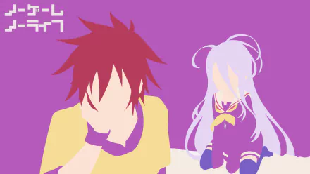HD wallpaper featuring minimalist designs of Sora and Shiro from No Game No Life with purple and red hair, set against a purple background.