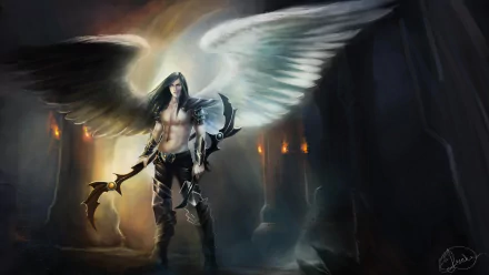 A powerful angel warrior with large wings stands in a dark, mystical cave, illuminated by soft, glowing lights. 8K Ultra HD fantasy PC wallpaper background.
