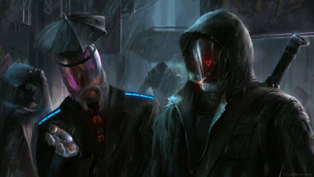 Dark, atmospheric HD PC desktop wallpaper featuring hooded figures in a rain-soaked urban setting from the comic Last Man Standing: Killbook of a Bounty Hunter.