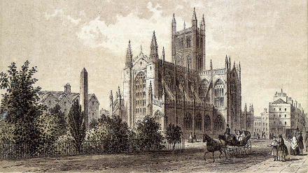 Man-made, engraving-style depiction of Bath Abbey with trees and horse-drawn carriages, presented as a 2K Quad HD PC desktop wallpaper and background.