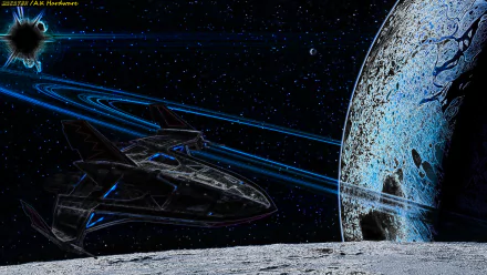 HD Sci-Fi desktop wallpaper of an alien spaceship orbiting a textured moon with a distant planet and starry background in deep space.