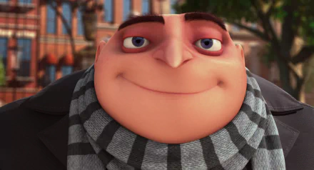 Close-up of Gru from Despicable Me, smiling with a striped scarf, featured in an HD PC desktop wallpaper background.