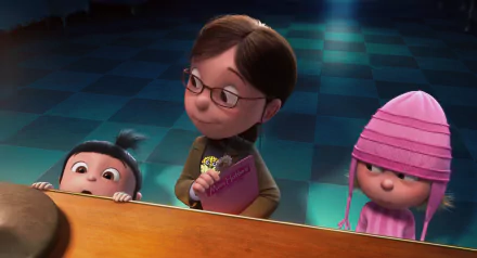 HD PC desktop wallpaper featuring Agnes, Edith, and Margo from the movie Despicable Me, showing the three sisters together in a colorful scene.
