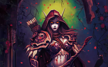 A striking HD wallpaper of Sylvanas Windrunner from World of Warcraft, featuring the iconic character in her armor amid a backdrop of vibrant colors and scattered petals.