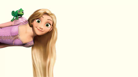 A vibrant HD wallpaper featuring Rapunzel from the movie Tangled, playfully smiling with her long hair flowing and a chameleon perched on her shoulder.