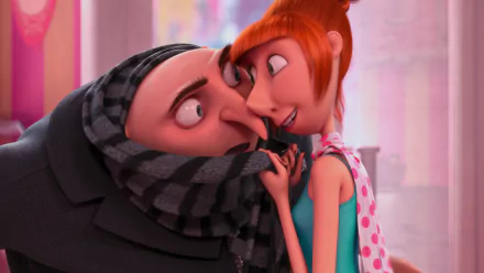 HD desktop wallpaper featuring Lucy and Gru from Despicable Me 2, showcasing a sweet moment between the characters in a colorful movie scene.