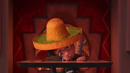 HD PC desktop wallpaper of Margo from the Despicable Me 2 movie peeking over a ledge wearing a sombrero, set against a warm red ornate background.