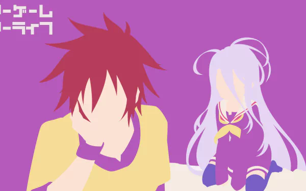 HD wallpaper featuring minimalist designs of Sora and Shiro from No Game No Life with purple and red hair, set against a purple background.
