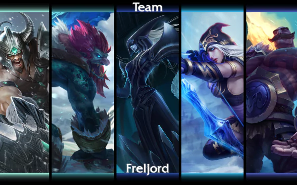 HD wallpaper featuring champions from League of Legends: Ashe, Trundle, Lissandra, Tryndamere, and Braum, set against a Freljord backdrop.