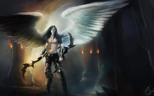A powerful angel warrior with large wings stands in a dark, mystical cave, illuminated by soft, glowing lights. 8K Ultra HD fantasy PC wallpaper background.