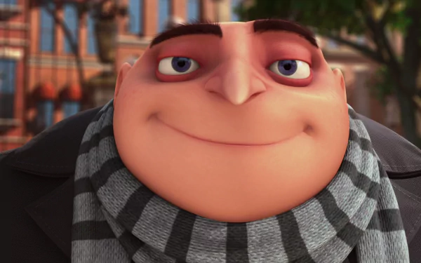 Close-up of Gru from Despicable Me, smiling with a striped scarf, featured in an HD PC desktop wallpaper background.