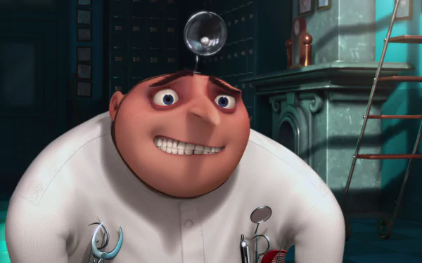 HD desktop wallpaper of a character from Despicable Me movie, featuring a smiling man in a white coat with medical tools and a head mirror.