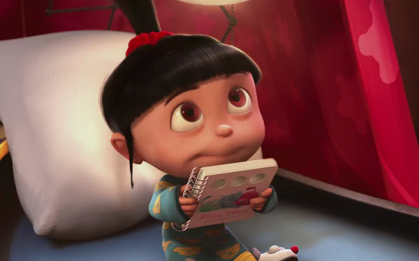 Agnes from Despicable Me sits on a bed, holding a book with curious eyes. HD desktop wallpaper tagged with movie and Despicable Me.