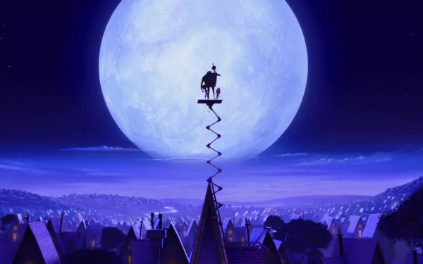 HD desktop wallpaper from the movie Despicable Me, featuring Gru and the girls Margo, Edith, and Agnes silhouetted against a giant full moon over a nighttime townscape.