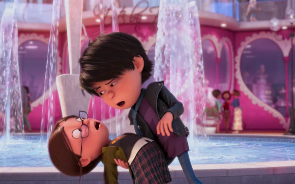 HD PC desktop wallpaper featuring Margo from Despicable Me 2 in a vibrant scene with a fountain in the background.