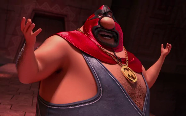 HD PC desktop wallpaper featuring Eduardo El Macho from the movie Despicable Me 2 in a bold pose with a red cape and gold medallion.