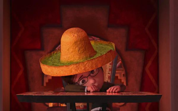 HD PC desktop wallpaper of Margo from the Despicable Me 2 movie peeking over a ledge wearing a sombrero, set against a warm red ornate background.