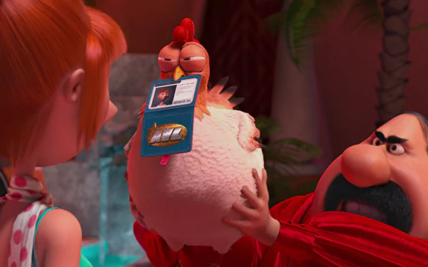 Lucy from Despicable Me 2 interacts with Eduardo/El Macho, who holds a quirky chicken displaying an ID card, set against a vibrant background. An engaging HD movie wallpaper.