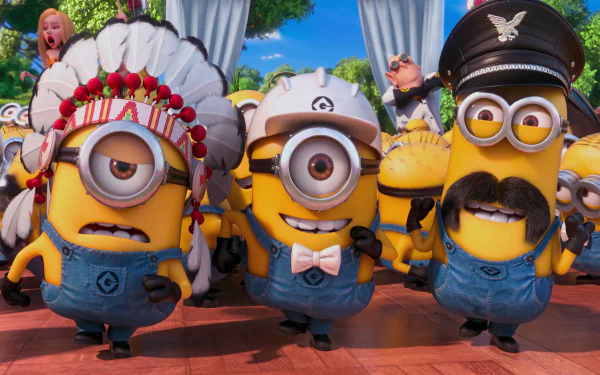 Colorful HD wallpaper from Despicable Me 2 featuring playful Minions in quirky outfits, capturing the fun and whimsy of the movie.